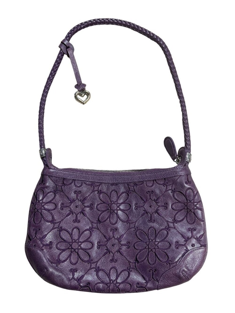 Vintage Brighton Purple Floral Embossed Leather Shoulder Bag With Braided Strap